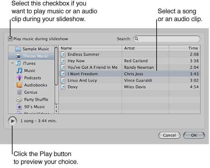Figure. Controls in the audio browser area of the Slideshow dialog.