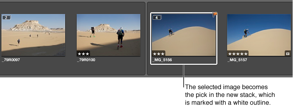 Figure. Two expanded stacks created from the previous stack, with the selected image in the pick position for the new stack.