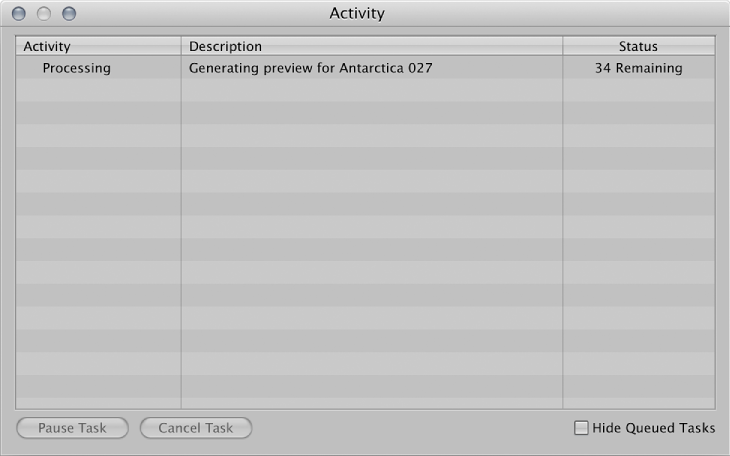 Figure. Activity window showing a "Building JPEG previews" task.