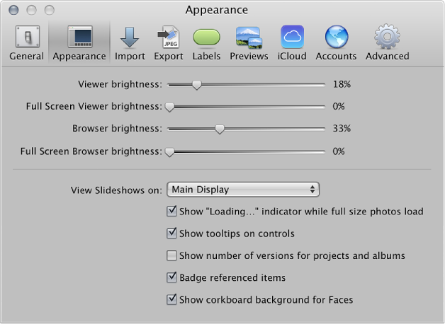 Figure. Controls in the Appearance preference pane.