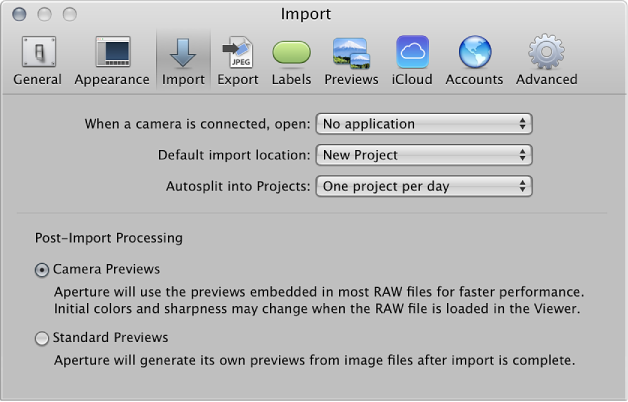 Figure. Controls in the Import preference pane.