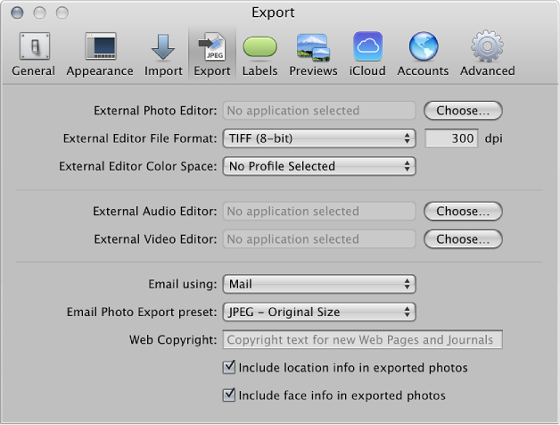 Figure. Controls in the Export preference pane.