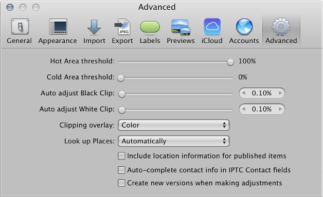 Figure. Controls in the Advanced preference pane.