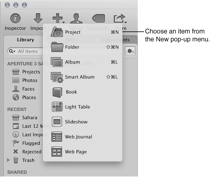 Figure. Items in the New pop-up menu.