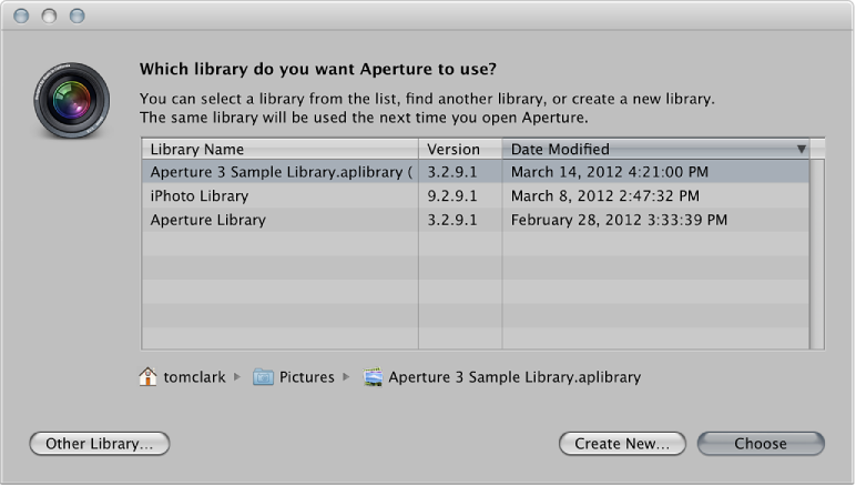 Figure. Controls in the Choose an Aperture Library dialog.
