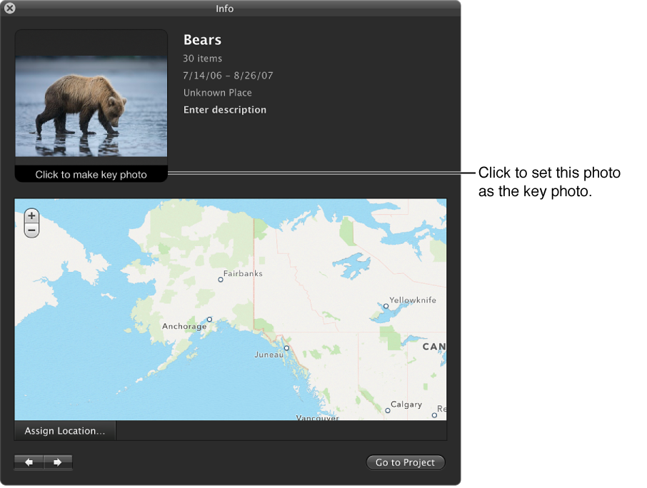 Figure. "Click to set key photo" button in the Info HUD in Projects view.