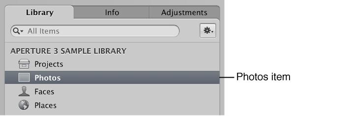 Figure. Photos item in the Library inspector.