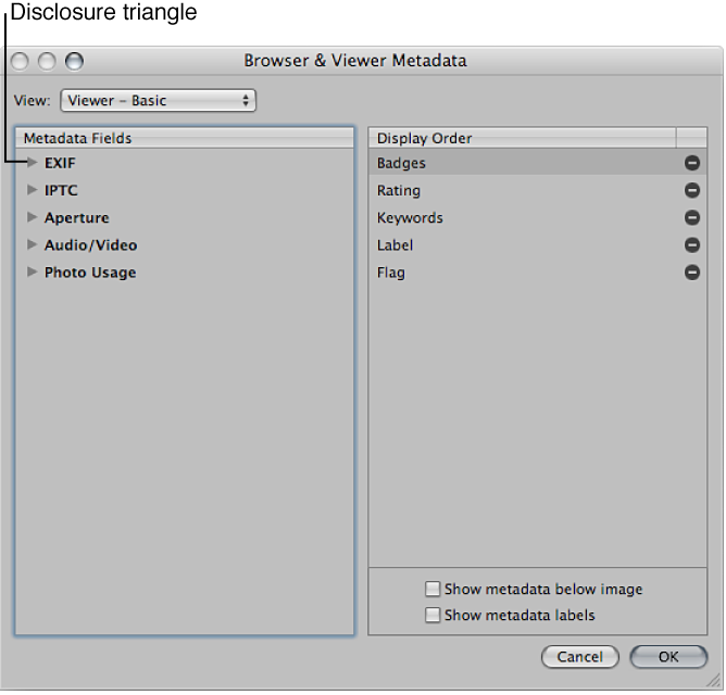 Figure. Controls in the Browser & Viewer Metadata dialog.