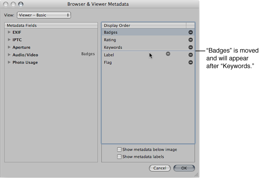 Figure. Dragging metadata fields to new positions in the Display Order column of the Browser & Metadata dialog.