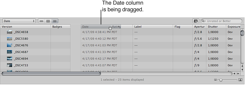 Figure. Dragging a column in list view to a new position.