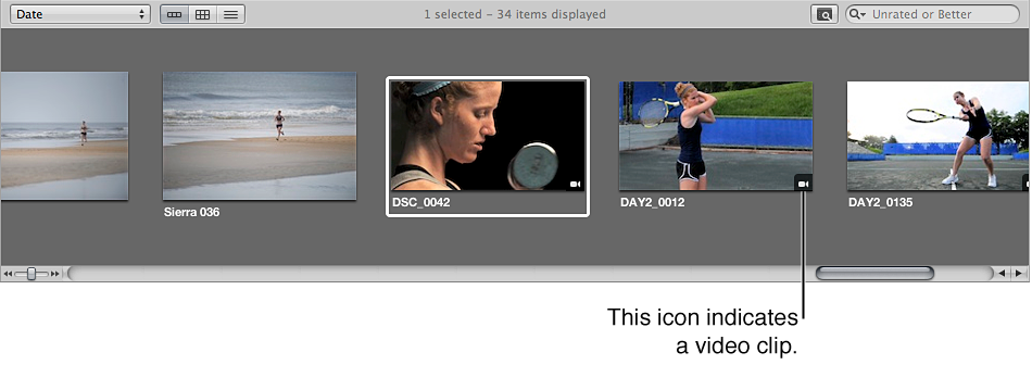 Figure. Video clip badge on a video clip's thumbnail in the Browser.