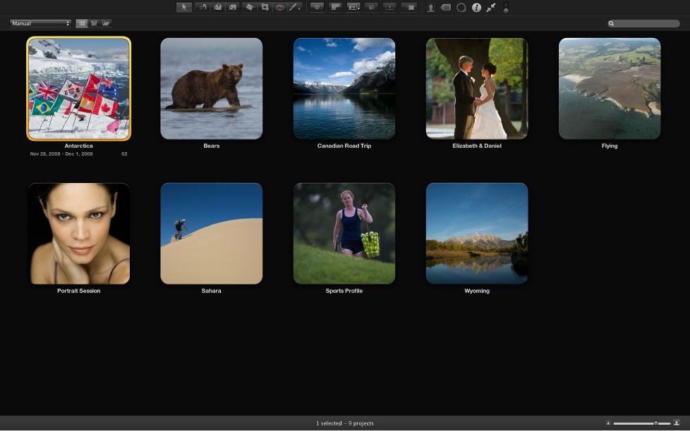 Figure. Controls in Full Screen view Projects mode.