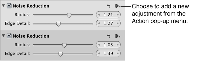 Figure. Multiple instances of the Noise Reduction adjustment in the Adjustments inspector.