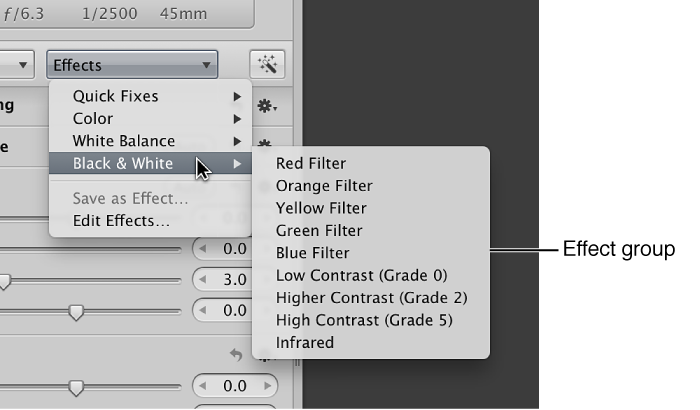 Figure. Effects pop-up menu showing individual effects in an effect group.