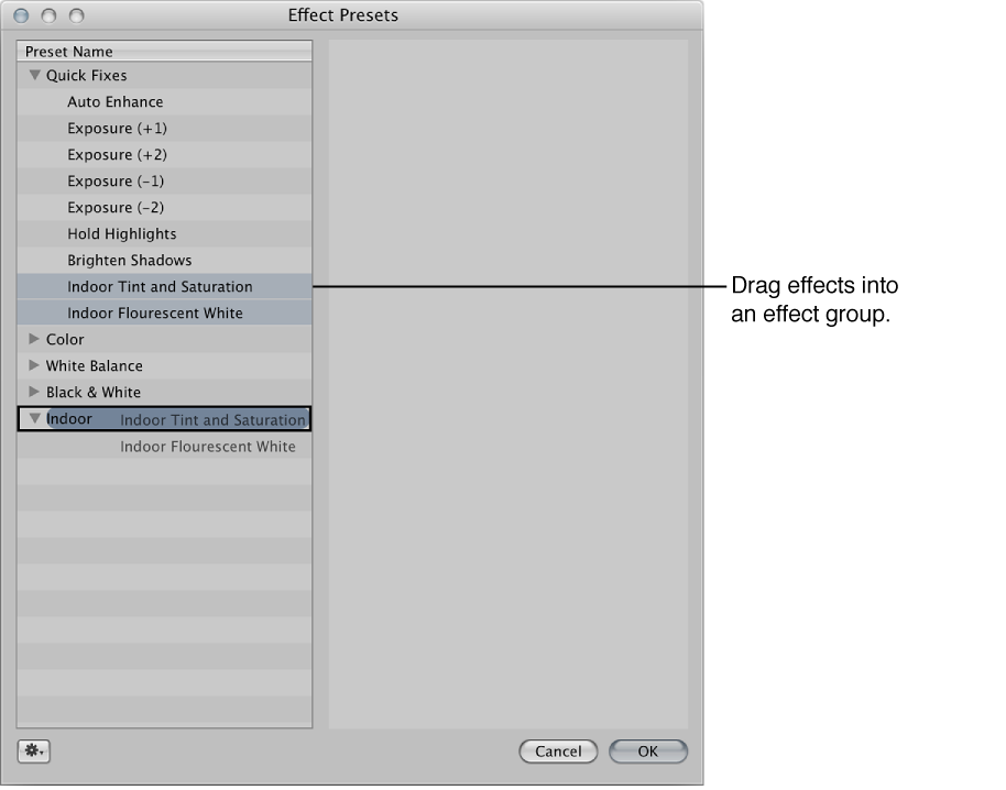 Figure. Effect Presets dialog showing effects being dragged into an effect group.