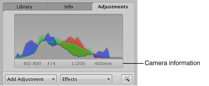 Figure. Adjustments inspector showing camera information for a selected photo.