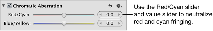 Figure. Red/Cyan controls in the Chromatic Aberration area of the Adjustments inspector.