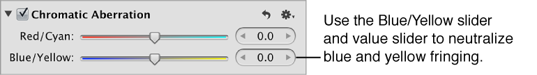 Figure. Blue/Yellow controls in the Chromatic Aberration area of the Adjustments inspector.