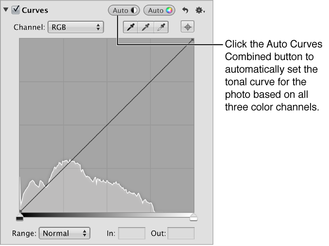 Figure. Auto Curves Combined button in the Curves area of the Adjustments inspector.
