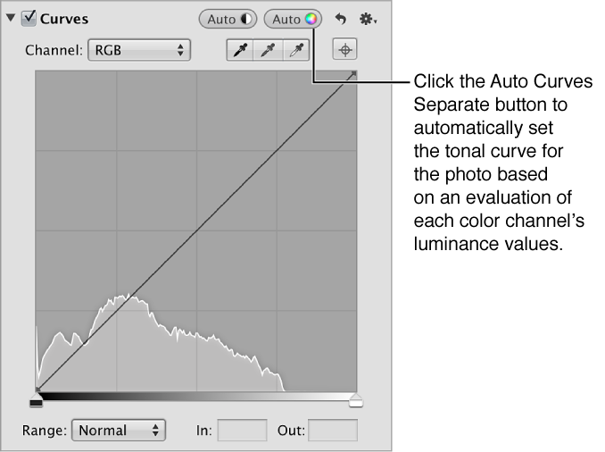 Figure. Auto Curves Separate button in the Curves area of the Adjustments inspector.
