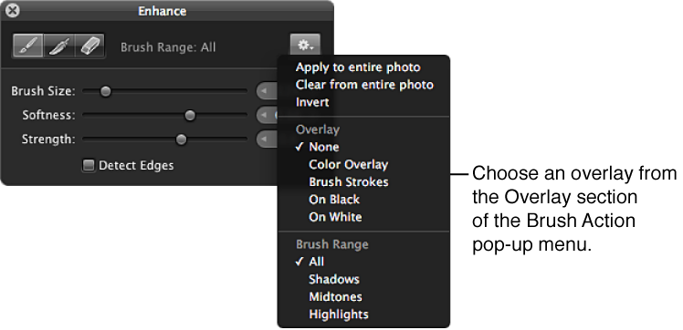 Figure. Overlay options in the Brush Action pop-up menu in the Brush HUD.