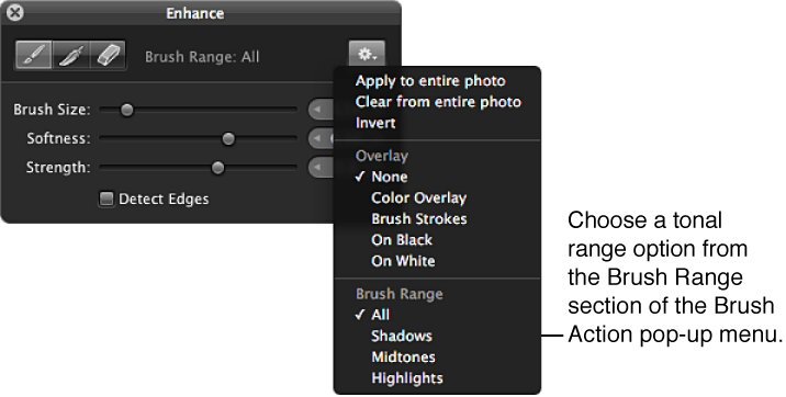 Figure. Brush Range options in the Brush Action pop-up menu in the Brush HUD.
