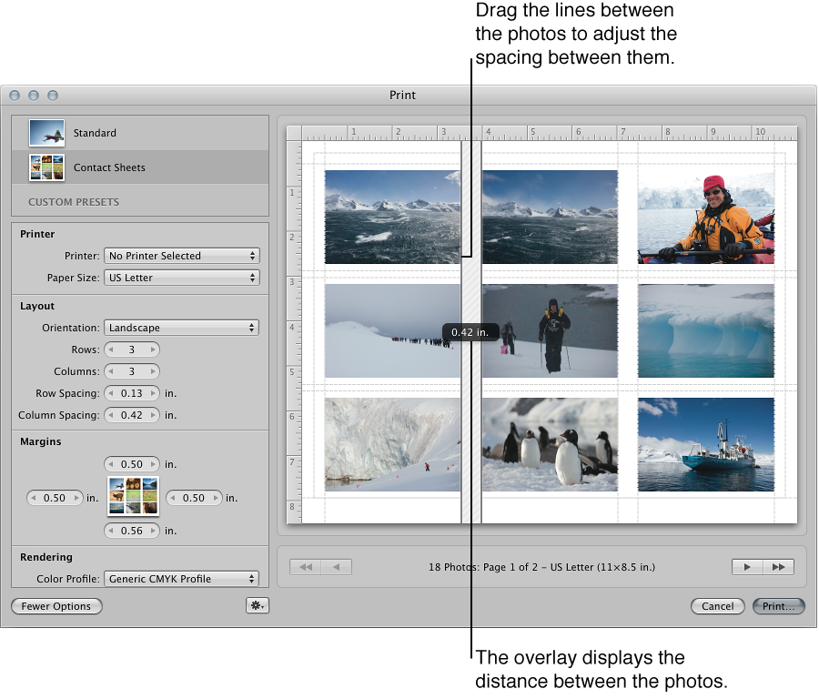 Figure. Spacing lines being dragged between images in a contact sheet in the Preview area of the Print dialog.