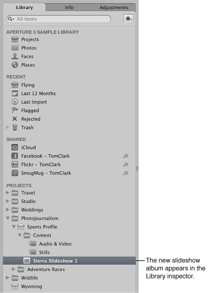 Figure. Library inspector showing a new slideshow album.