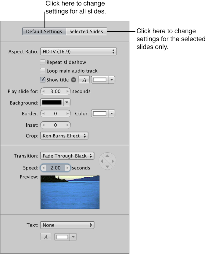 Figure. Default Settings pane of the Slideshow Editor.