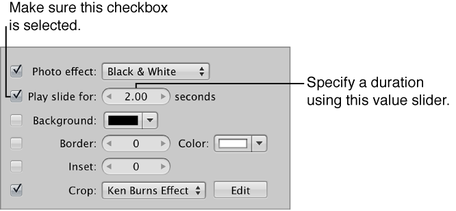 Figure. "Play slide for" checkbox and value slider in the Selected Slides pane of the Slideshow Editor.