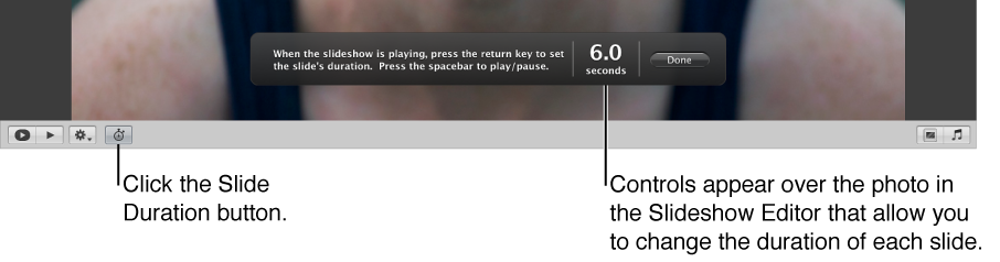 Figure. Slide Duration button and controls in the Slideshow Editor.