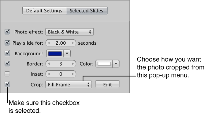 Figure. Crop controls in the Selected Slides pane of the Slideshow Editor.