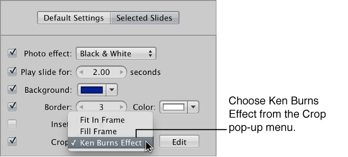 Figure. Items in the Crop pop-up menu in the Selected Slides pane of the Slideshow Editor.