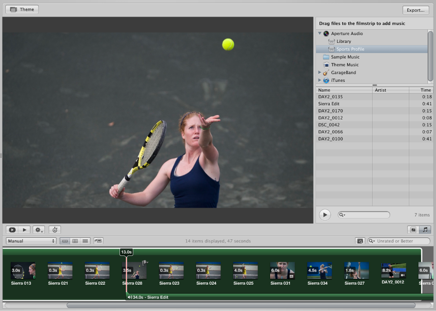 Figure. Slideshow Editor and Browser, with the Browser displaying a green background to indicate a clip in the main audio track and a green bar below thumbnail images to indicate a clip in the secondary audio track.