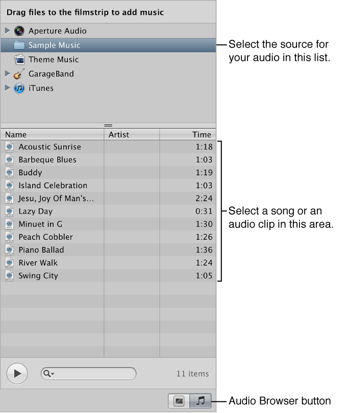 Figure. Audio browser controls in the Slideshow Editor.