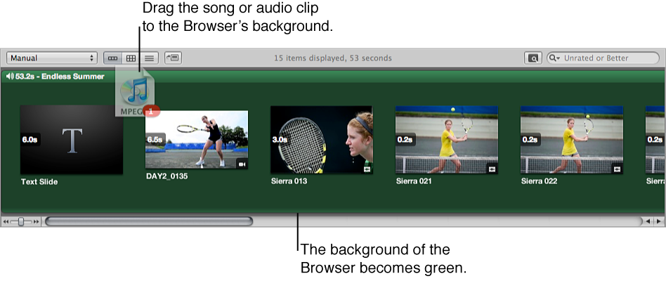 Figure. Audio clip being dragged to the Browser timeline and the background of the Browser appearing green.