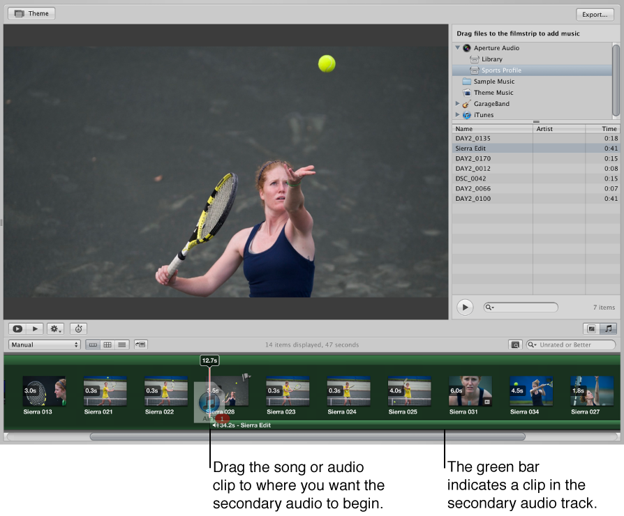 Figure. Audio clip being dragged to the Browser timeline and a green bar appearing below thumbnail images to indicate a clip in the secondary audio track.