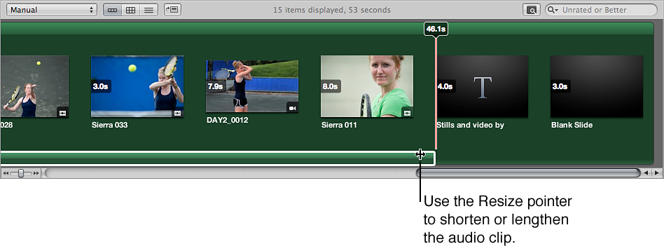 Figure. Browser showing the Resize pointer being used to change the duration of the audio clip.
