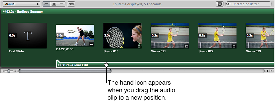 Figure. Browser showing a clip in the secondary audio track being dragged to a new position.
