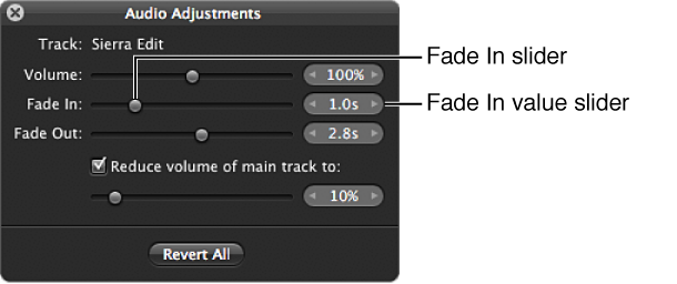 Figure. Fade In controls in the Audio Adjustments HUD.