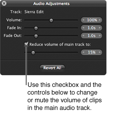 Figure. Controls in the Audio Adjustments HUD for reducing volume of clips in the main audio track.