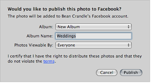 Figure. Dialog for creating and publishing a Facebook album.