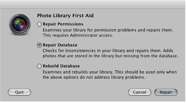 Figure. Controls in the Aperture Library First Aid dialog.