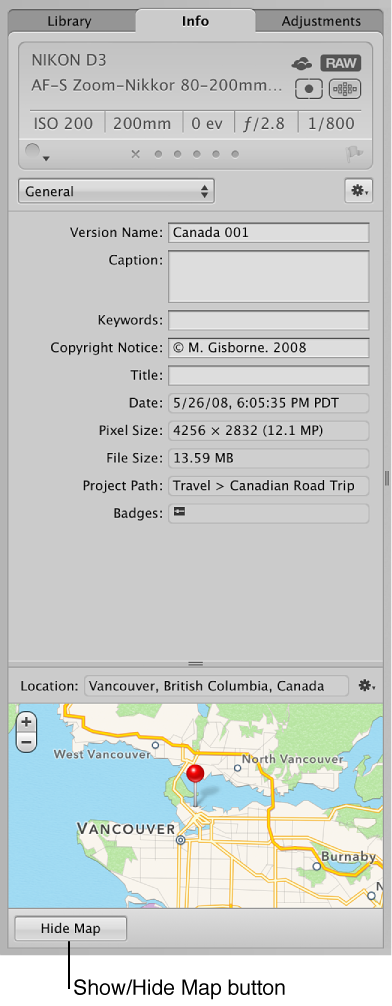 Figure. Map pane of the Metadata inspector showing an address entered in the Location field.