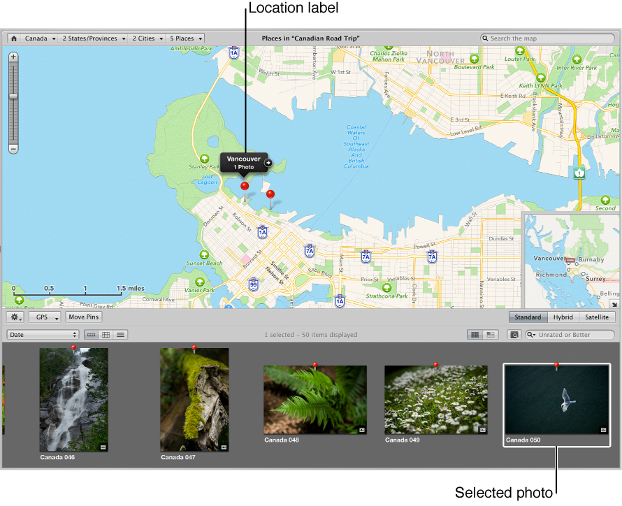 Figure. Places view showing an image selected in the Browser and the image's location marked by a pin on the map.