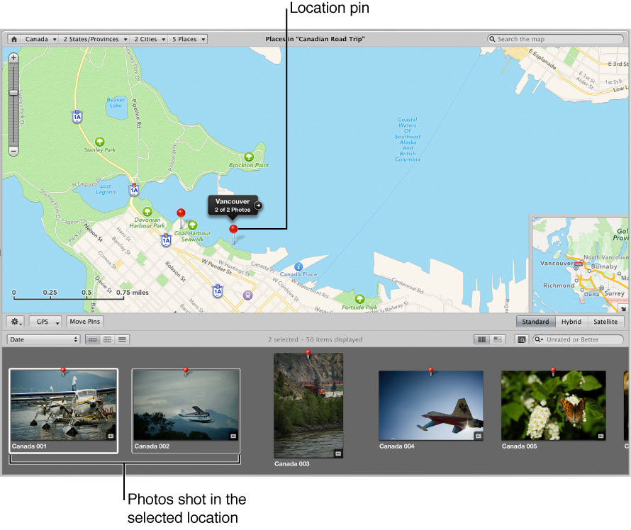 Figure. Places view showing a location pin selected on the map and the images associated with that location selected in the Browser.