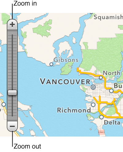Figure. Zoom slider and Zoom In and Zoom Out buttons in Places view.