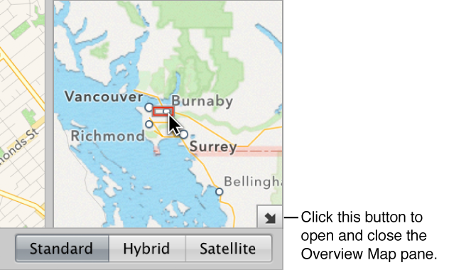 Figure. Controls in the Overview Map pane in Places view.