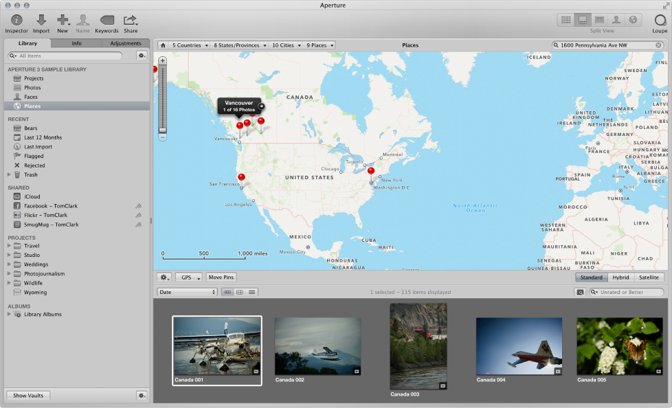 Figure. Aperture main window showing Places selected in the Library inspector and the Places view map appearing on the right.