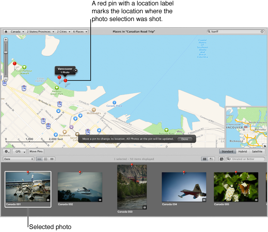 Figure. Places view showing the purple pin and location label that appear when an image selection is dragged to a location on the map.